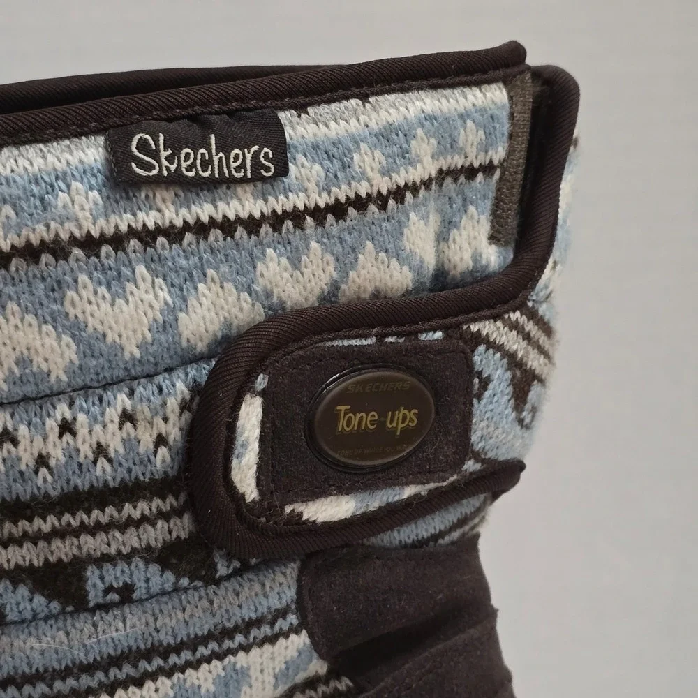 Skechers Tone-ups Cozy Knit Winter Boots Womens Size 7 Blue‎ Fair Isle Heritage